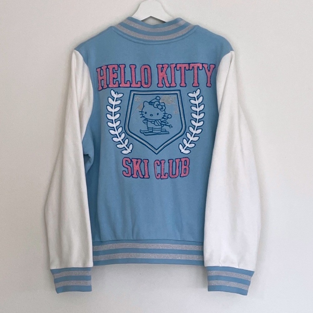 Hello Kitty Ski Club Varsity Jacket Blue White Pink Embroidered Full Snap‎ L